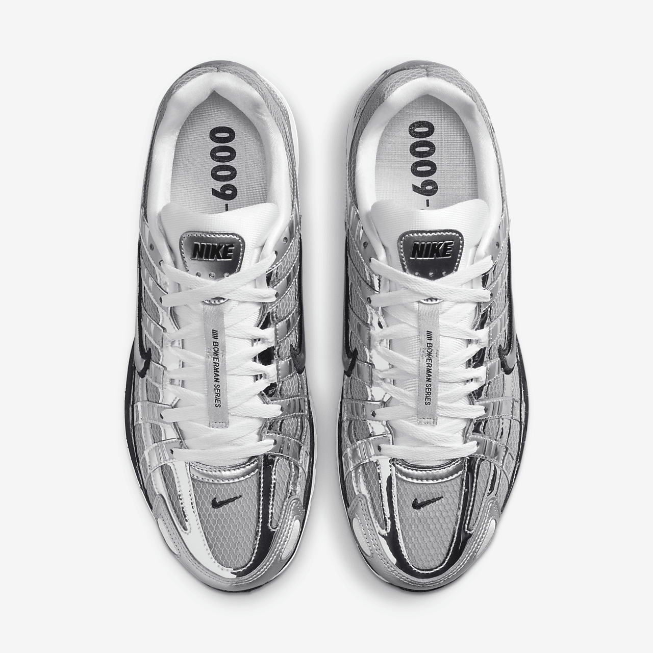 Кросівки Nike P-6000 Metallic Silver CN0149-001 у металево-сріблястому кольорі з білими деталями.